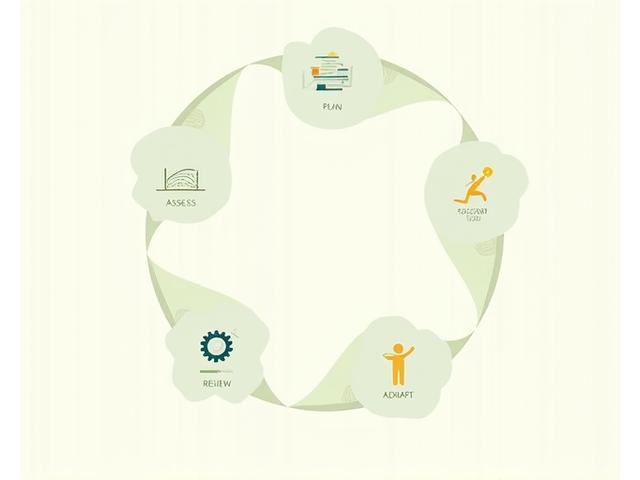 Infographic illustration depicting a cyclical wellness journey: Assess, Plan, Implement, Review, Adapt, with icons for nutrition, mind, body, community.