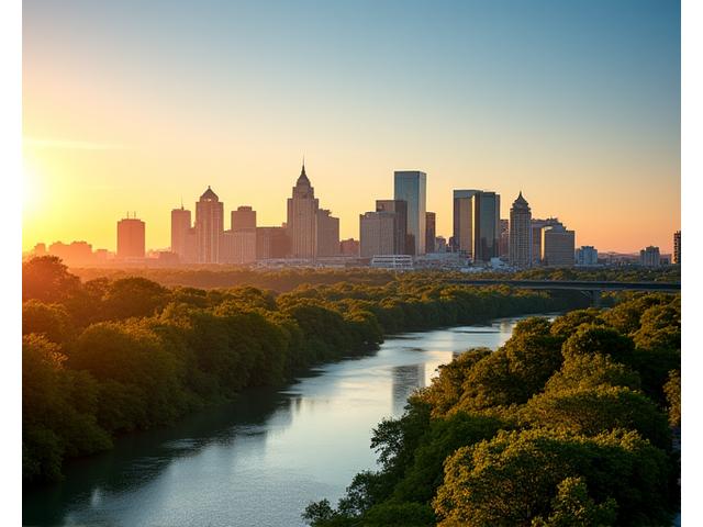 A vibrant skyline of Austin, Texas at sunset, with urban and natural elements.