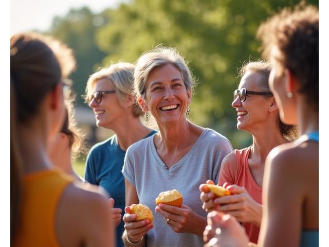 Diverse group of people smiling and interacting at a community wellness event in Austin.