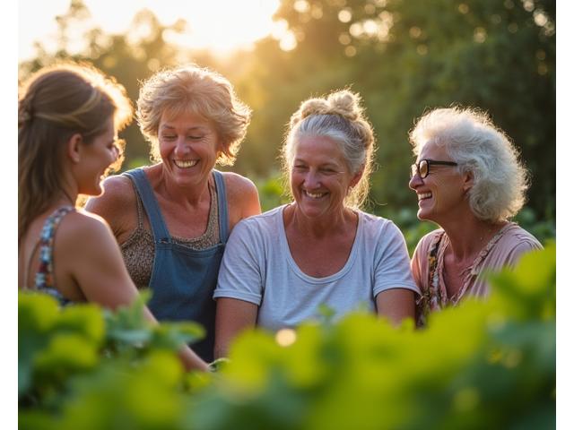 Diverse group of adults in a vibrant community gardening setting, showing health and connection.