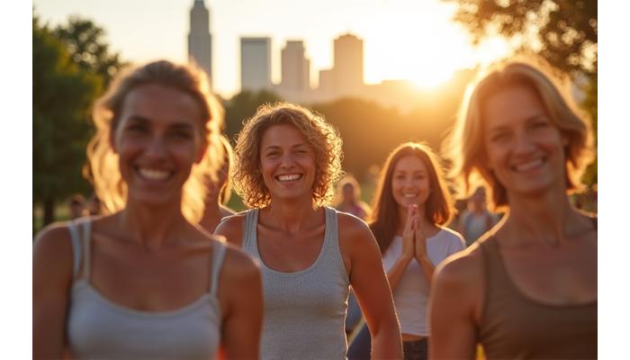 Diverse group of people smiling and laughing during a wellness activity in a bright, modern community space, signifying connection and support.