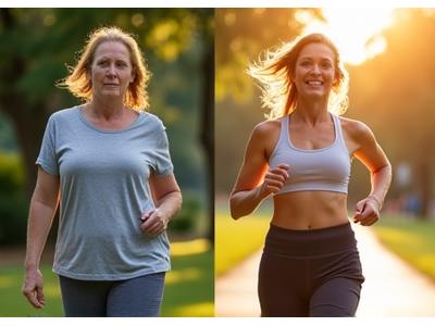 Before and after photo of a woman showing significant weight loss and increased energy.