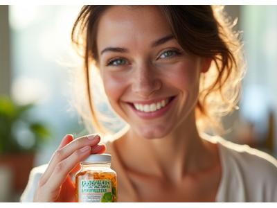 Woman glowing with healthy skin and energy, holding a natural supplement.
