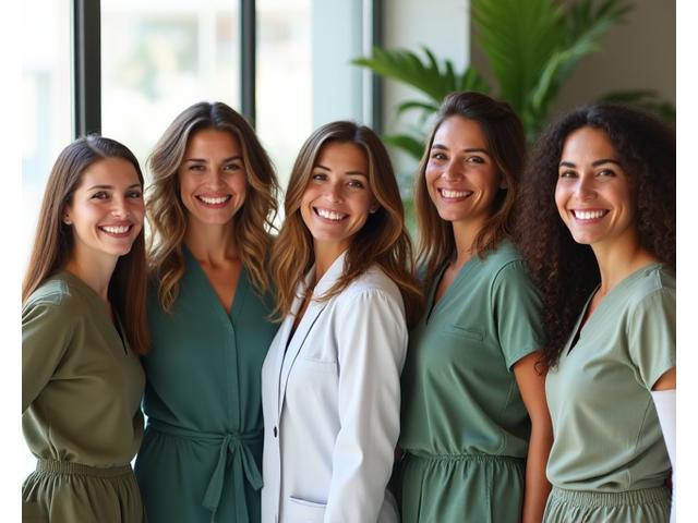 A diverse group of five smiling wellness experts, including nutritionists, health coaches, and functional medicine practitioners, standing confidently in a bright, modern wellness clinic set against a backdrop of soft, diffused natural light.