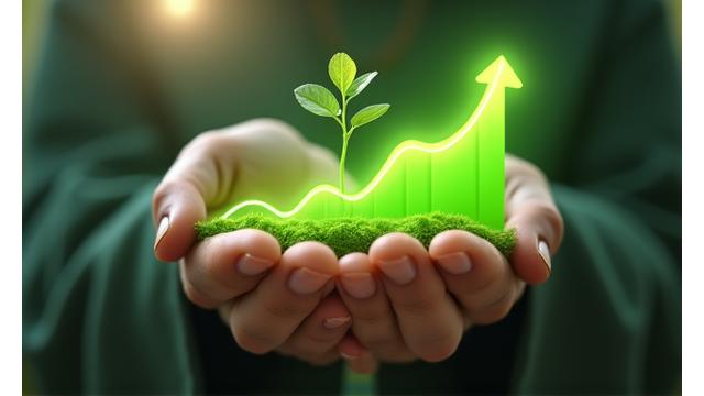 An upward trending line graph overlaid on a serene image of hands holding a healthy green plant, symbolizing improvement and growth in health outcomes.