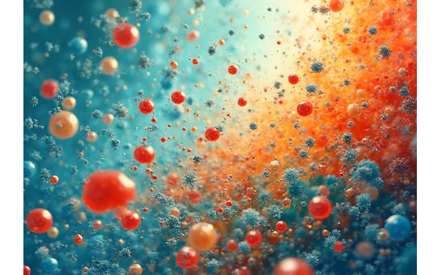 Stylized representation of gut microbiome with colorful, beneficial bacteria and fermented foods like kefir and kimchi, illustrating a balanced digestive system.