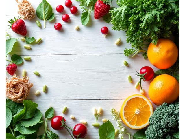 Variety of vibrant, fresh fruits, vegetables, adaptogenic herbs, and nutritional supplements arranged artistically in a clean, bright setting, conveying health and vitality.