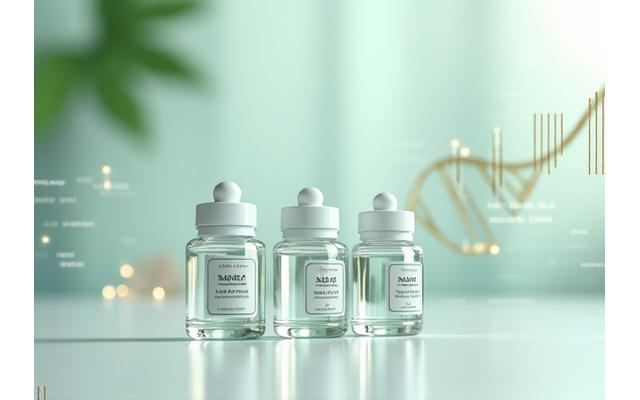 Customized supplement bottles with a person's DNA strand graphic and blood test results in the background, symbolizing a personalized approach.