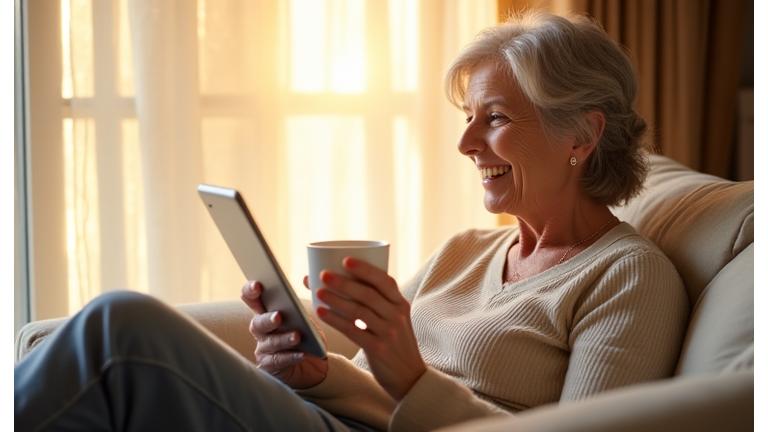 Woman enjoying morning sunlight, reading a tablet, symbolizing daily health insights