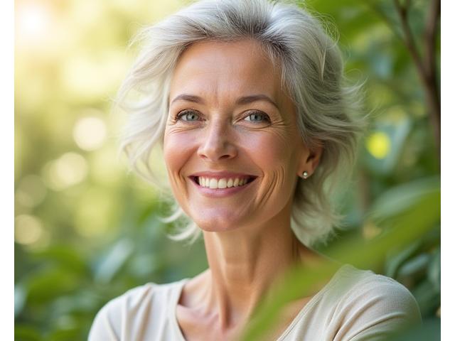 Confident woman smiling, surrounded by subtle botanical elements, symbolizing thriving through menopause