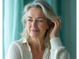Woman fanning herself, looking calm, with a cool blue filter