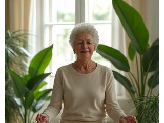 Woman meditating calmly surrounded by soothing green plants