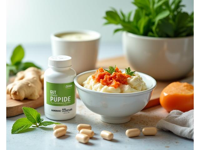Probiotic capsules, fermented foods, and gut-healthy ingredients arranged on a rustic table.