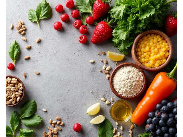 Colorful arrangement of superfoods, protein powders, and healthy ingredients.