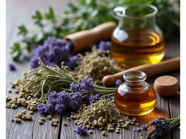 Various dried herbs, natural teas, and tinctures for herbal remedies.