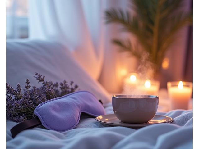 A serene setting with calming elements like lavender, sleep masks, and soothing teas.