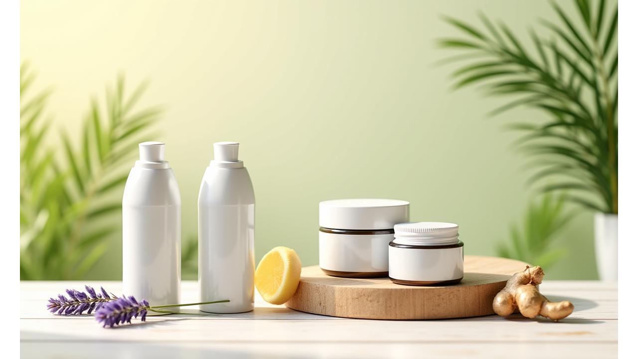 Assortment of natural health products and supplements, beautifully arranged on a wooden surface with subtle botanical elements.