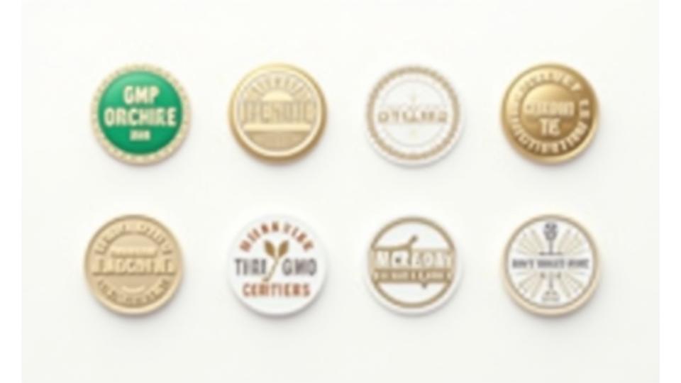 Close-up of various quality certification badges, such as GMP, Organic, and Third-Party Tested, arranged on a pristine white background.