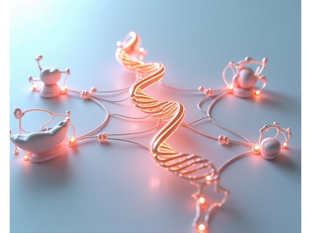 Infographic displaying a stylized DNA helix interwoven with various health components like food, weights, and sleep, representing genetic integration in wellness