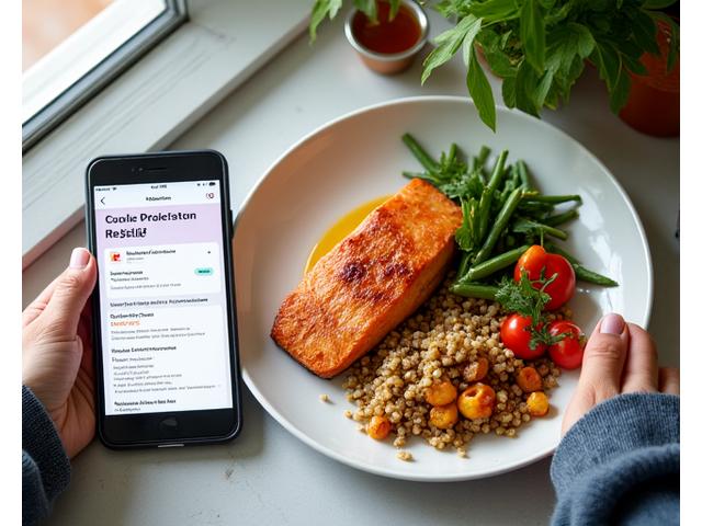 A balanced meal with fresh ingredients and a digital tablet displaying a meal plan. Representing personalized nutrition.