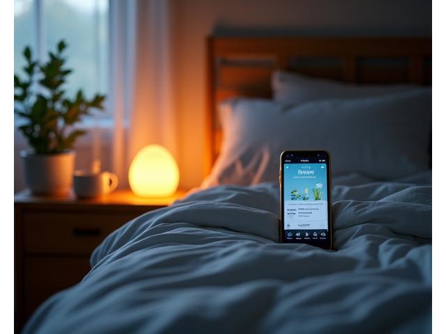 A calm bedroom scene with soft lighting, a weighted blanket, and a sleep tracking app on a phone, conveying relaxation and sleep optimization.