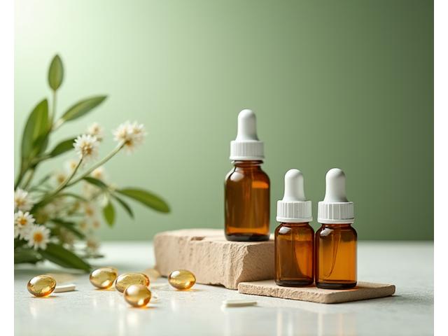 Various supplement bottles and capsules arranged neatly on a wooden table, emphasizing curated and natural elements.