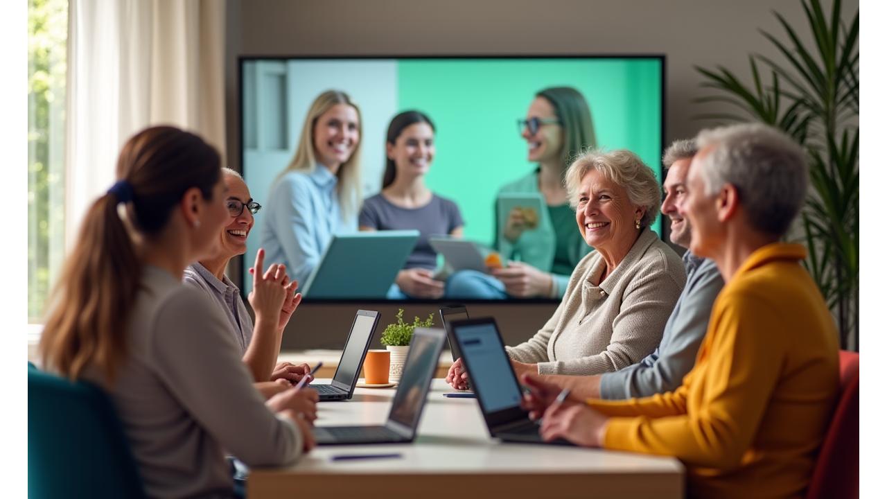 A diverse group of adults participating in an engaging virtual wellness workshop, with the instructor visible on a large screen and participants interacting through video calls, conveying professionalism and warmth.